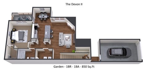 Floor plan for 1 bed, 1 bath, 850 sqft